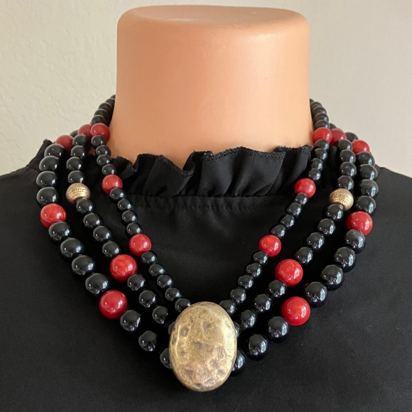 Vintage Jewelry - Vintage Black and Red‎ Beaded Victorian Revival Necklace with Gold Accents